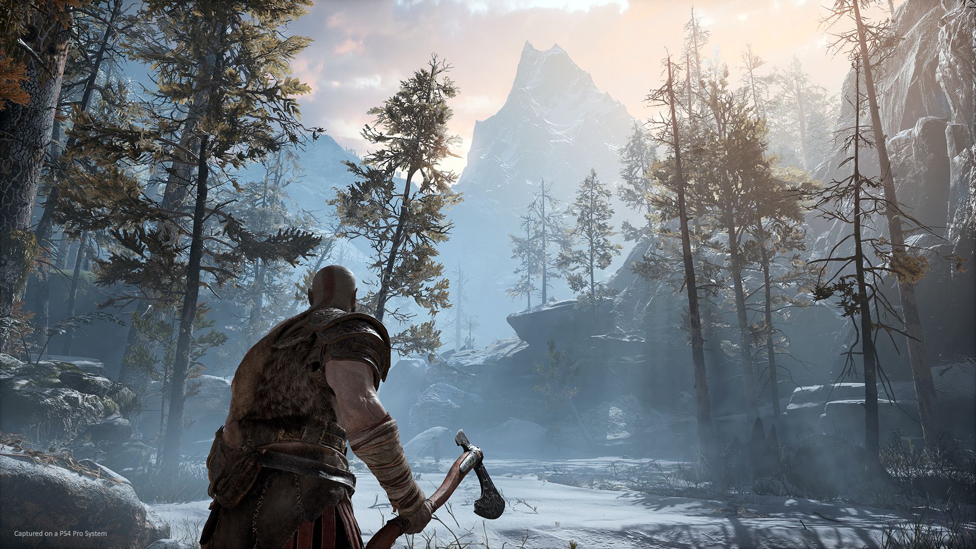 gow009 Kratos hache à la main dans une forêt nordique